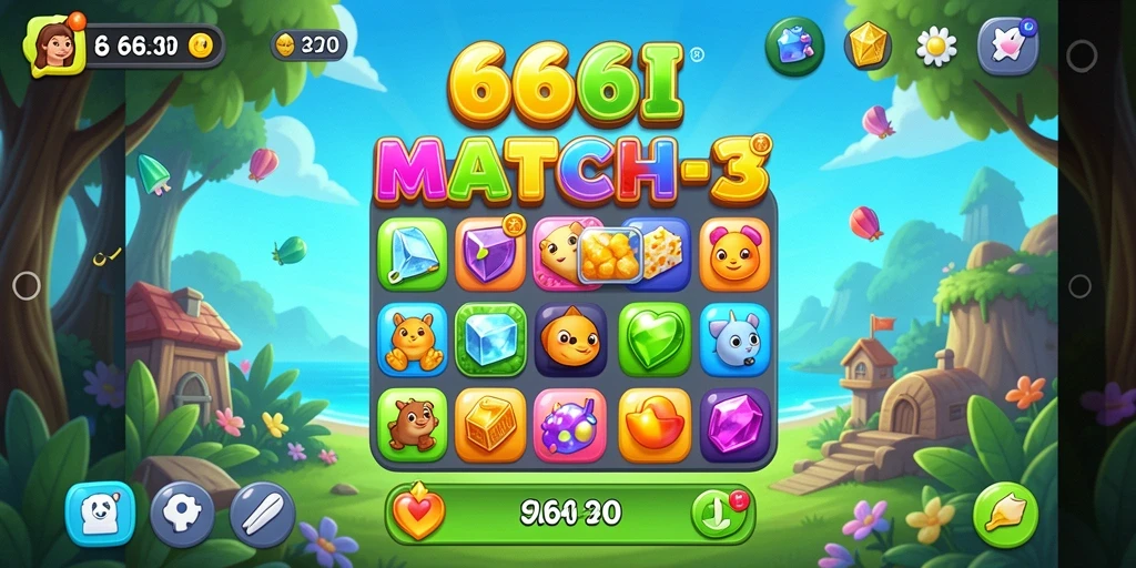Tampilan gameplay Match-3 yang penuh warna dan menantang.