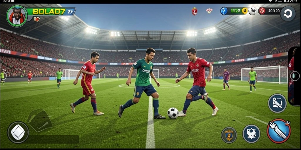 Tangkapan layar gameplay BOLA07 menampilkan aksi seru di lapangan.