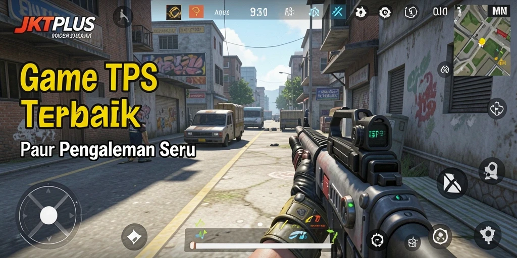 Screenshot utama JKTPLUS menampilkan aksi gameplay TPS yang mendebarkan.